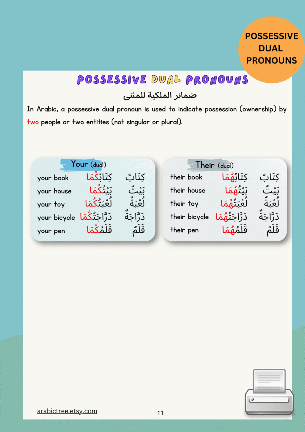 Master Arabic Possessive Pronouns – Singular, Dual & Plural | Arabic Grammar Worksheets