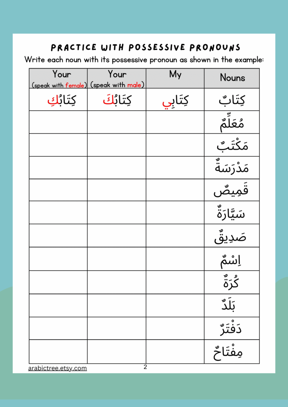 Master Arabic Possessive Pronouns – Singular, Dual & Plural | Arabic Grammar Worksheets