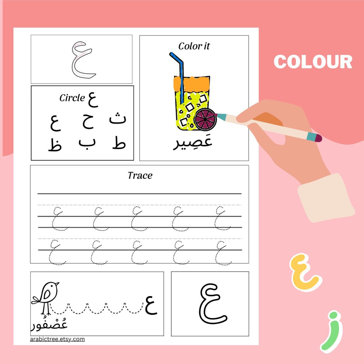 3 Arabic Alphabet Letters Learning Worksheets – Trace, Write, and Circle Activities for Kids