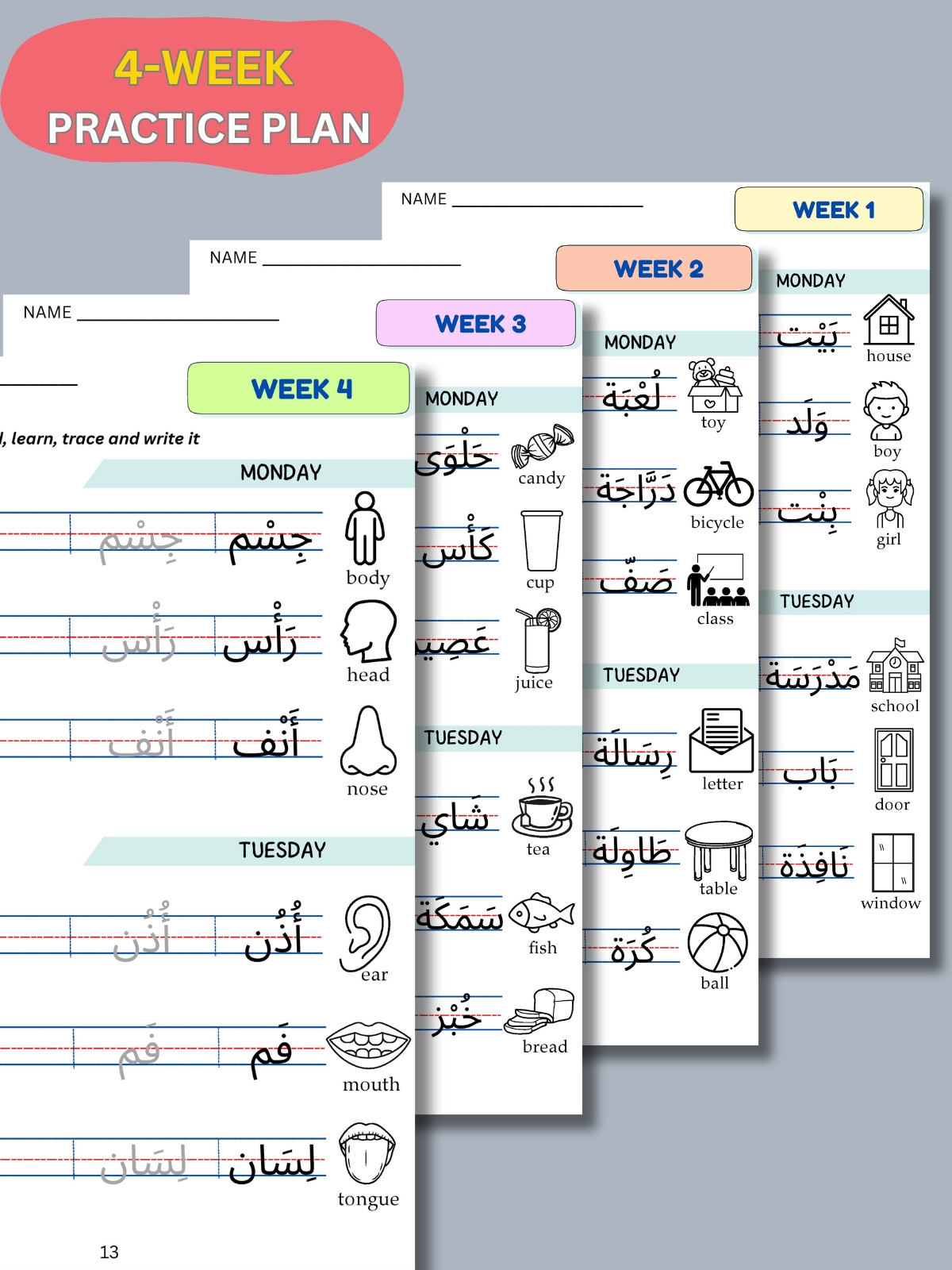 Printable Arabic Worksheets for Beginners – Learn 72 Essential Words in 4 Weeks (PDF for Kids & Non-Native Speakers)
