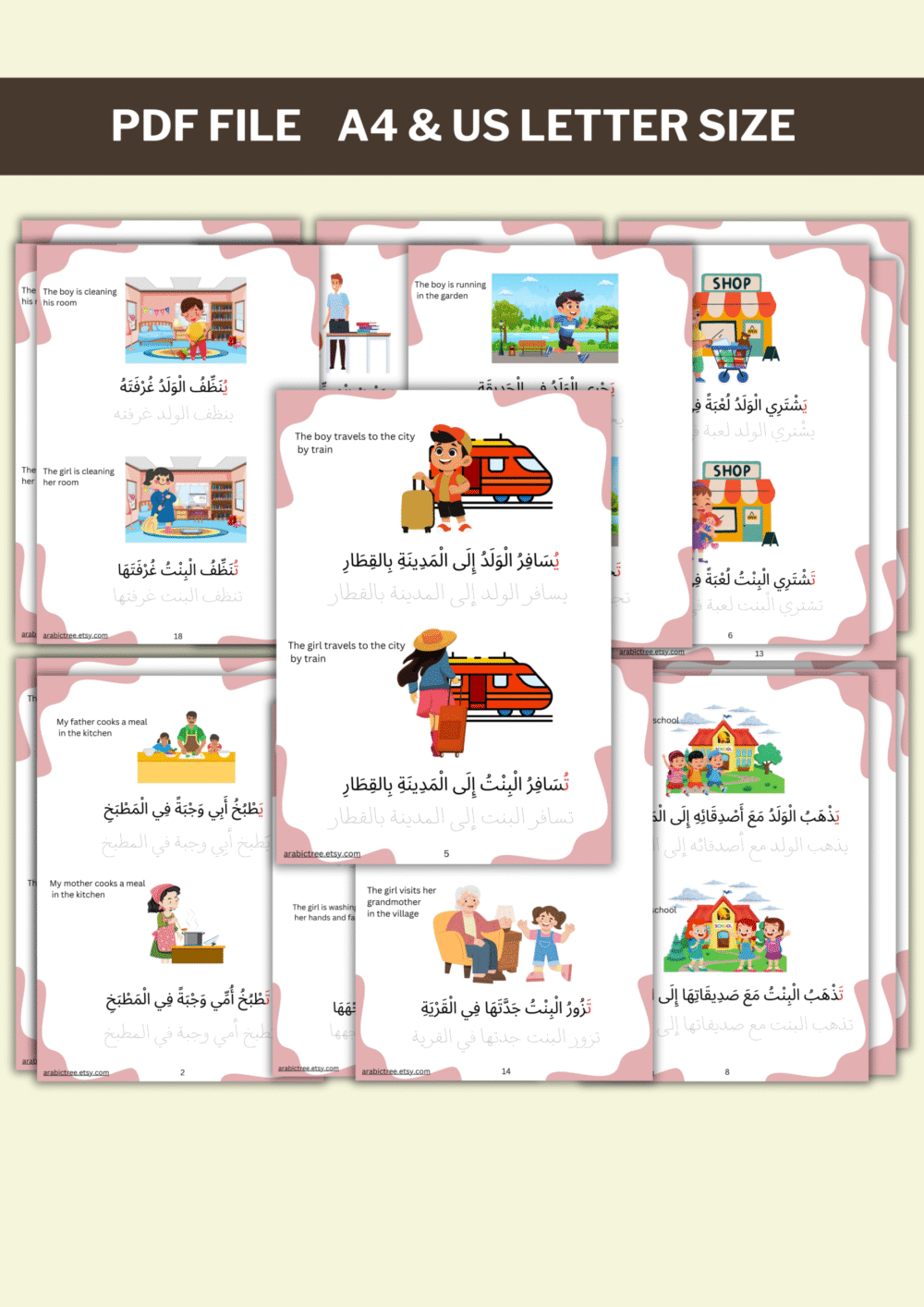 Colorful Arabic Sentences Reading & Tracing Worksheets for Kids & Beginners