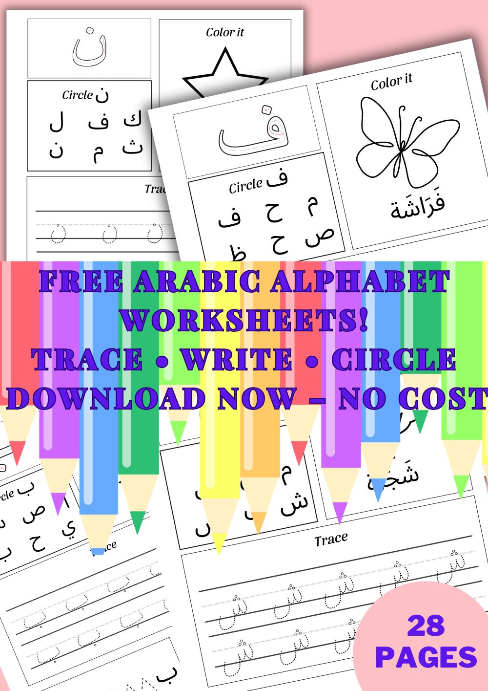 free_arabic_worksheets Arabic Alphabet Letters Learning Worksheets – Trace, Write, and Circle Activities for Kids