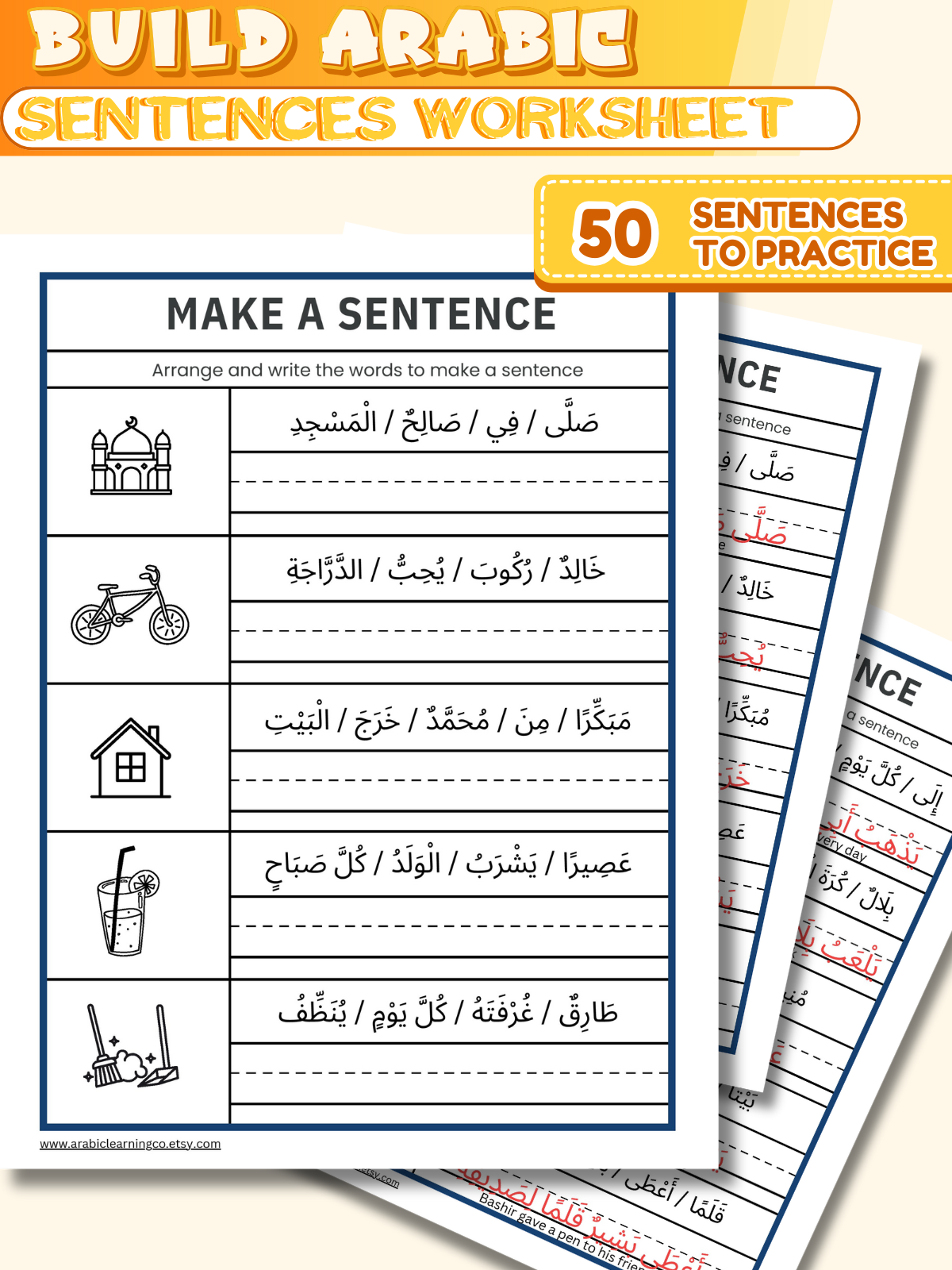 Arabic Sentence Formation Worksheets PDF – 50 Practice Sentences with Answer Key & English Translation