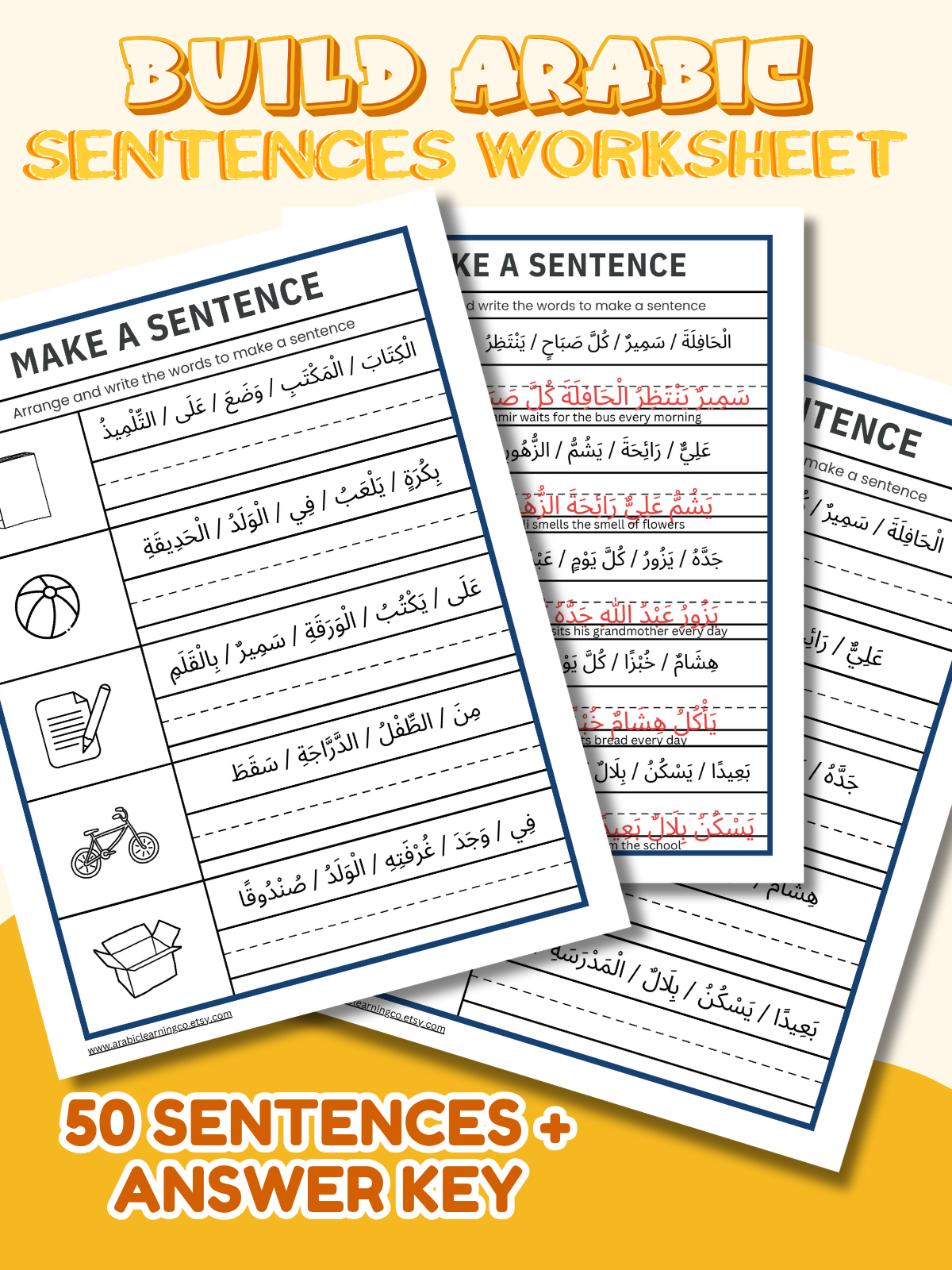 Arabic Sentence Formation Worksheets PDF – 50 Practice Sentences with Answer Key & English Translation