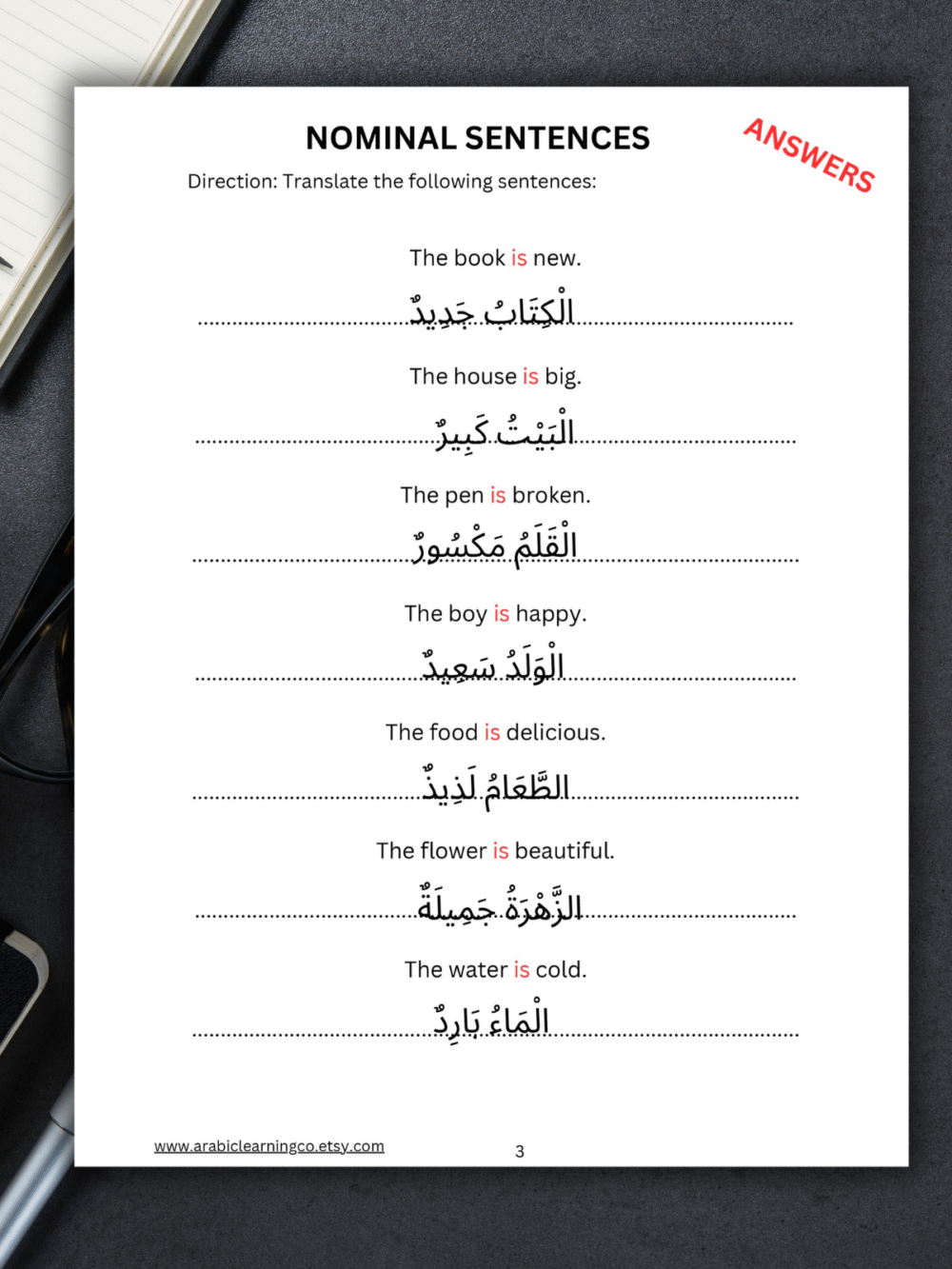 Arabic Grammar Worksheets: Master Nominal Sentences (الجملة الاسمية) with Practice and Answers