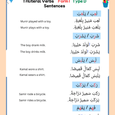 Arabic Triliteral Verb Worksheets | Learn Form I Verbs | 40 Arabic Verbs with Sentences, Activities, Matching & Translation Practice