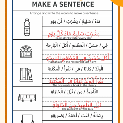 Arabic Sentence Formation Worksheets PDF – 50 Practice Sentences with Answer Key & English Translation