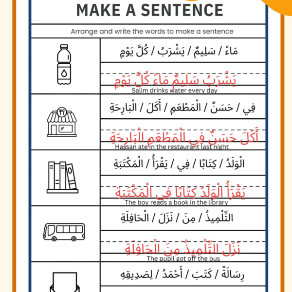 Arabic Sentence Formation Worksheets PDF – 50 Practice Sentences with Answer Key & English Translation