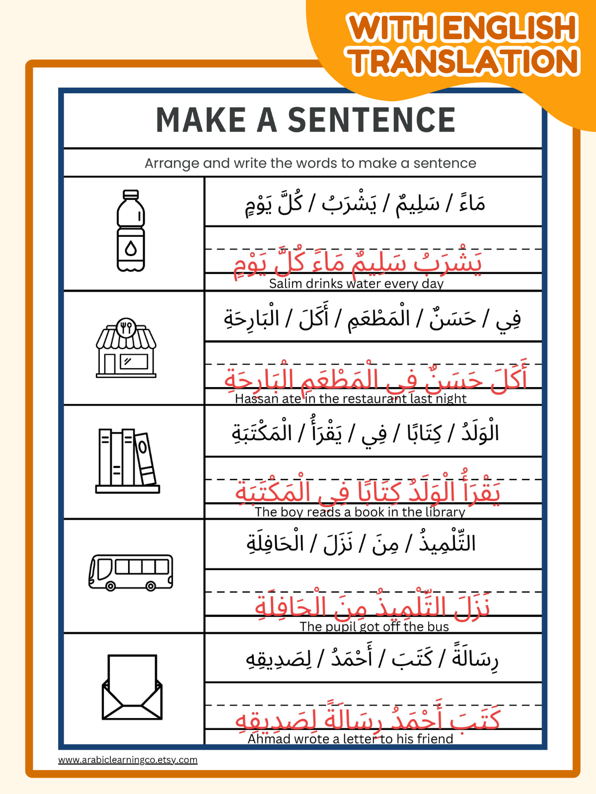 Arabic Sentence Formation Worksheets PDF – 50 Practice Sentences with Answer Key & English Translation