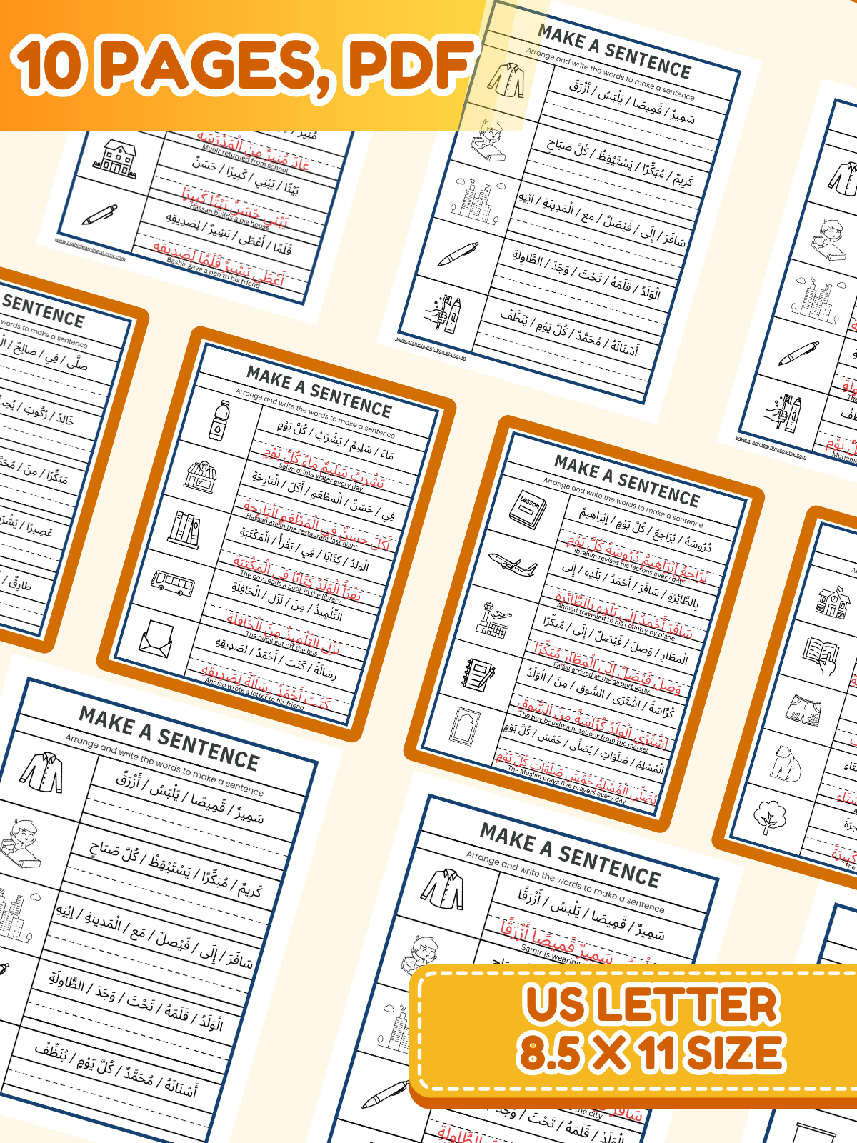Arabic Sentence Formation Worksheets PDF – 50 Practice Sentences with Answer Key & English Translation