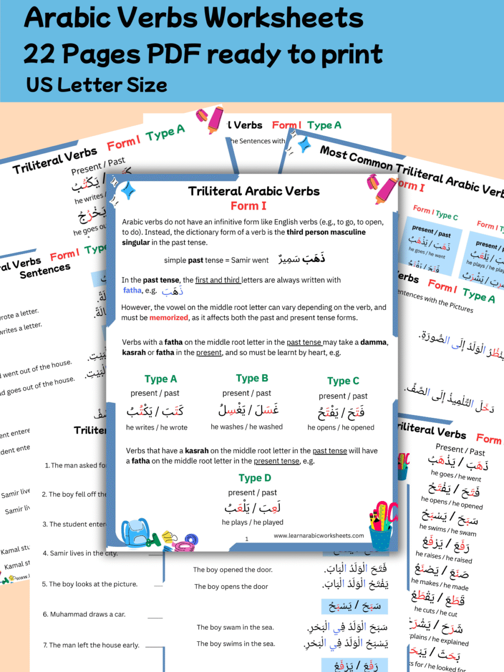Arabic Triliteral Verb Worksheets | Learn Form I Verbs | 40 Arabic Verbs with Sentences, Activities, Matching & Translation Practice