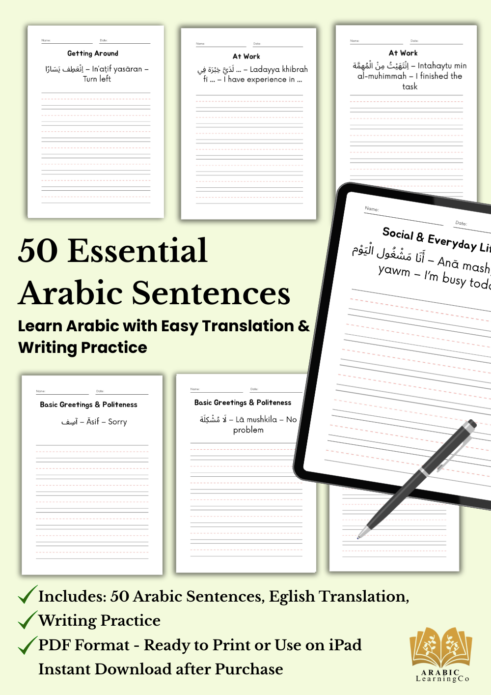 Learn Arabic: 50 Everyday Sentences with Writing Practice (PDF)