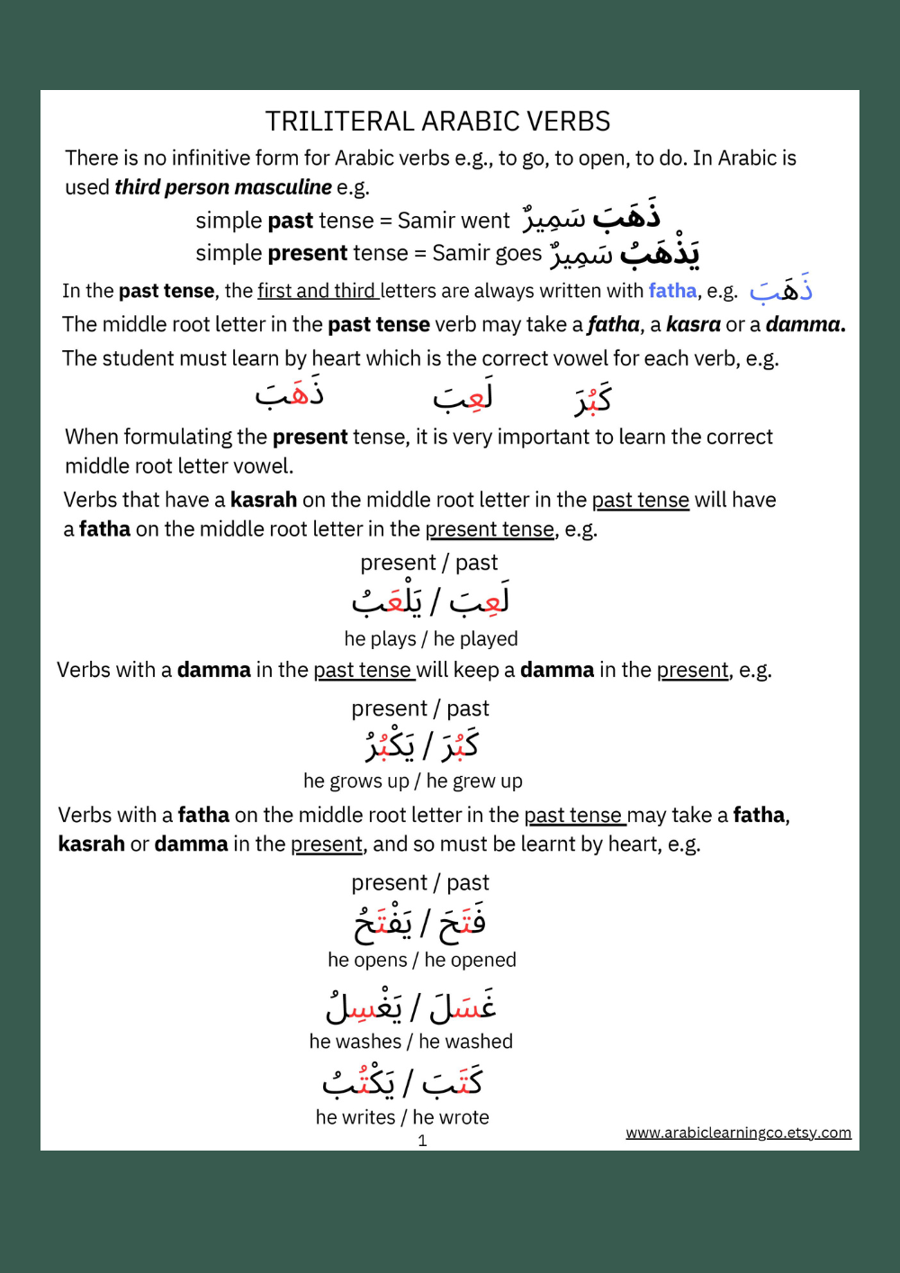 Arabic Grammar Worksheets: Triliteral Verbs in Past & Present Tense (with Answer Keys)